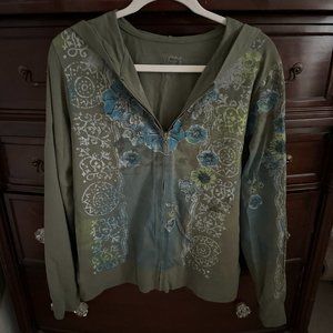 Olive Green Floral Painted Zip Hoodie - Size XL